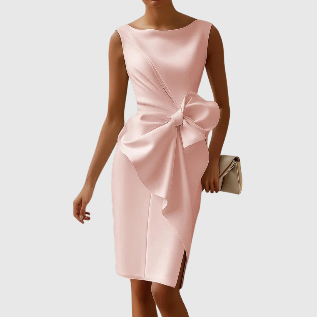 Women's Sleeveless Boat Neck Midi Dress with Side Bow