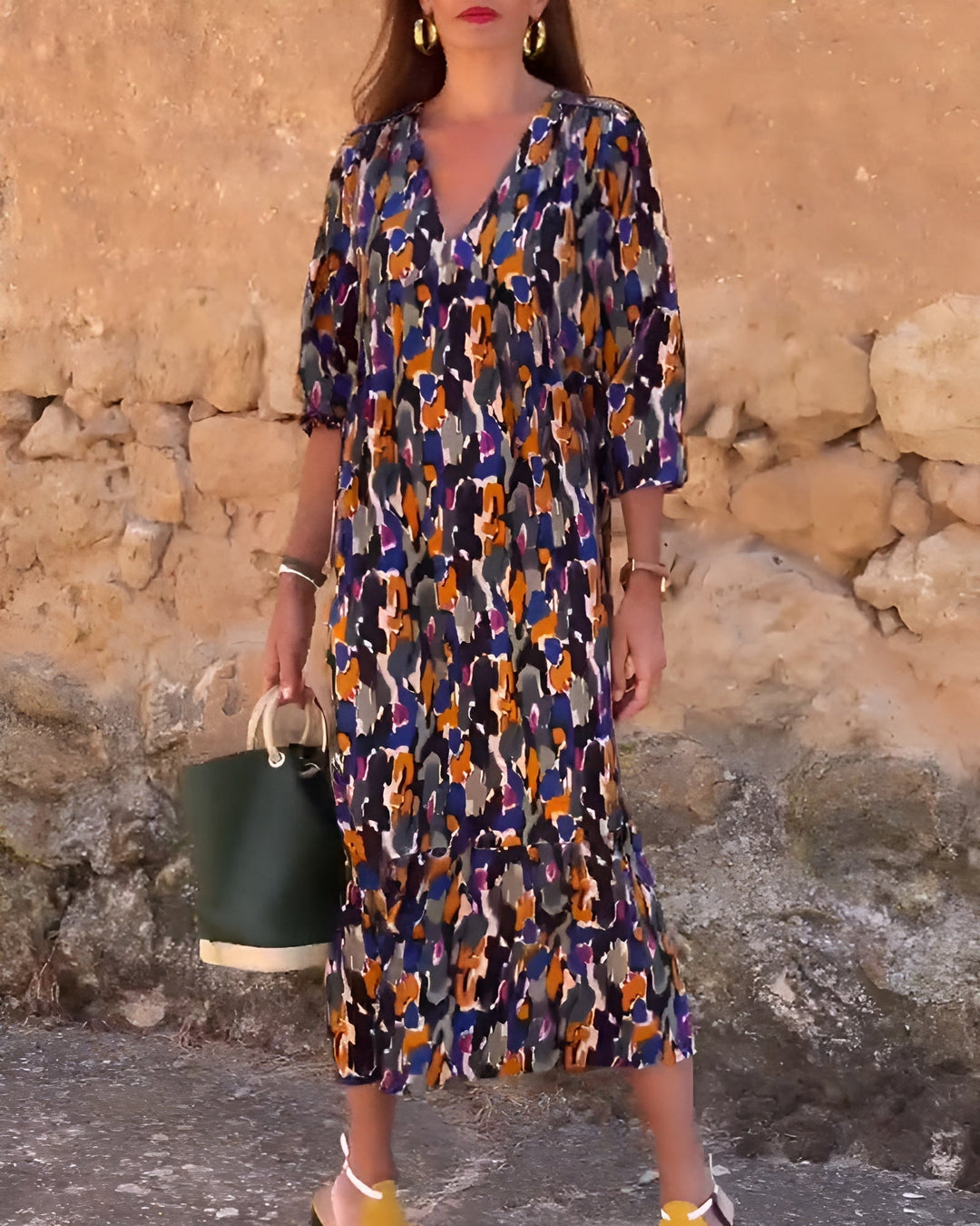 Women's Retro Print V-Neck Dress