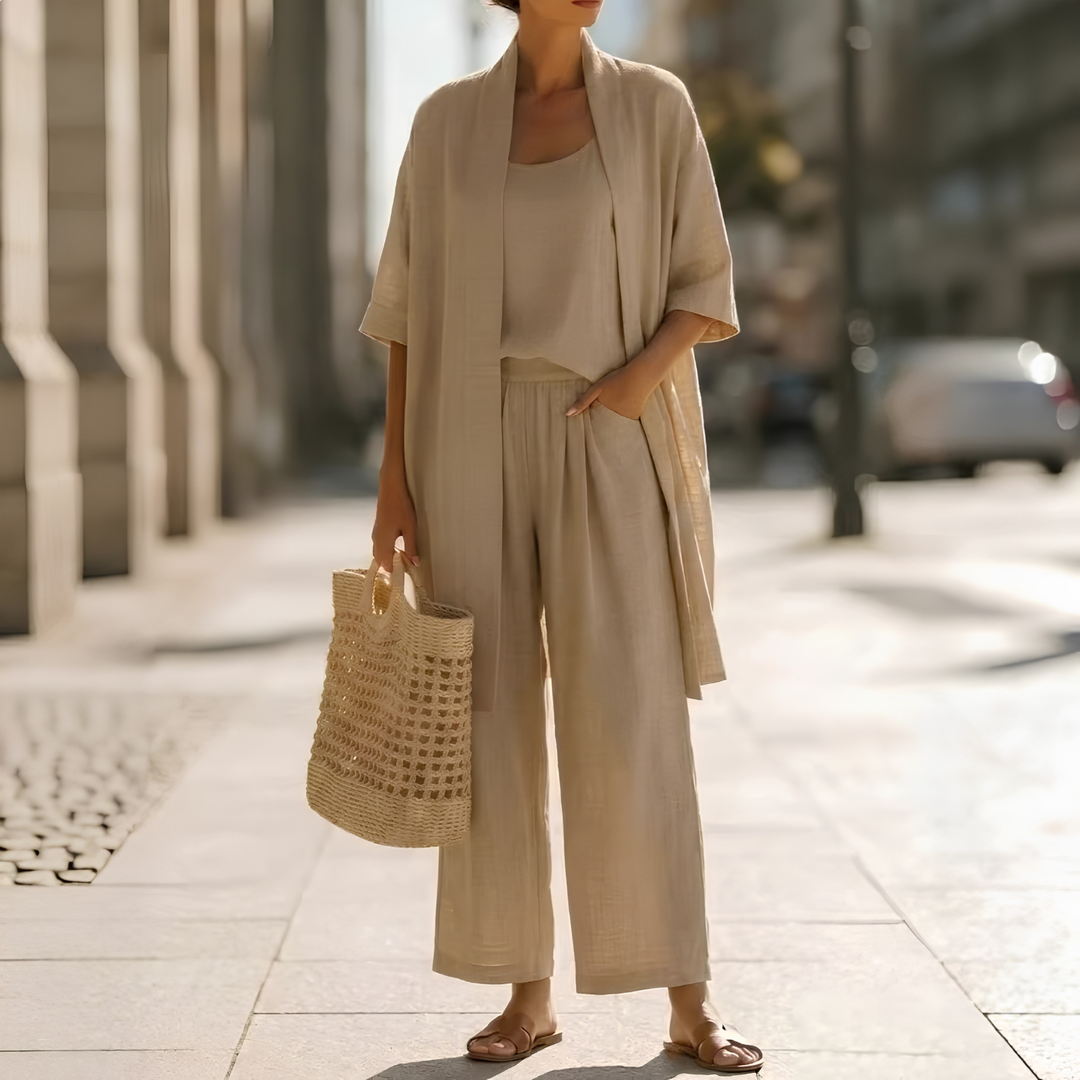 Versatile women's 3-piece set: long cardigan, sleeveless tank, straight leg pants. Ideal for office or travel.