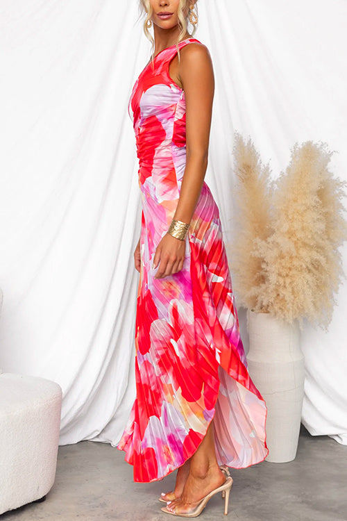 Women's elegant one-shoulder party dress with pleated details & an asymmetric hem, ideal for summer occasions.