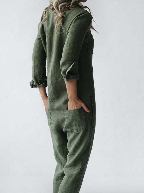 Modern black long sleeve button-front jumpsuit for women, a comfortable one-piece perfect for any event.