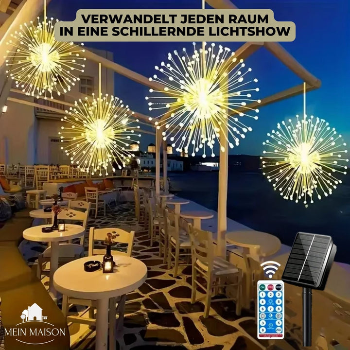 Festive waterproof solar string lights creating a warm ambiance on a patio at dusk, remote included.
