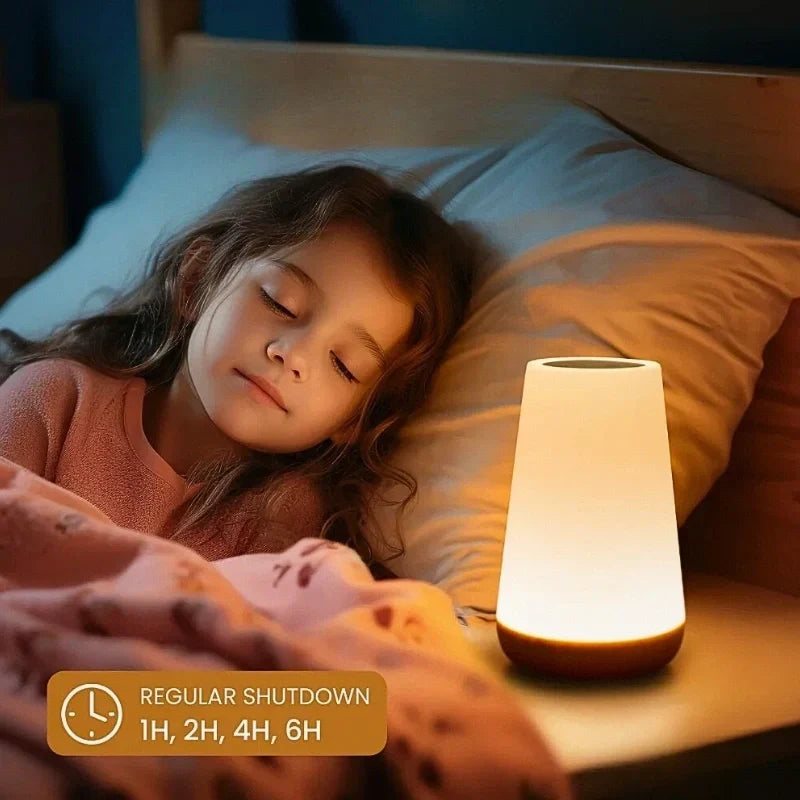 Modern RGB LED lamp for mood lighting; touch-sensitive, remote-controlled & rechargeable design.