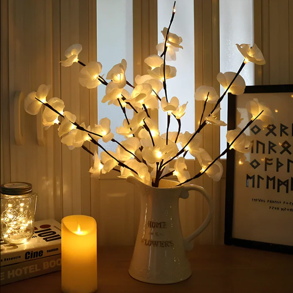 Decorative warm white LED twig lights, bringing floral beauty & nature-inspired charm indoors.