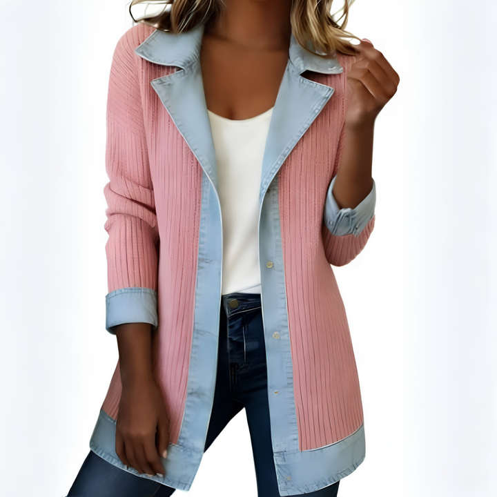 Versatile women's denim patchwork jacket completing a stylish casual outfit. Chic lapel collar outerwear.