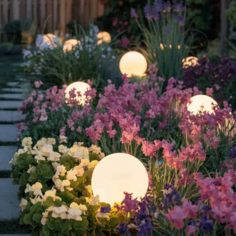 Versatile spherical RGB LED light, 16 colors, remote, ideal for indoor, outdoor garden, or patio decor.