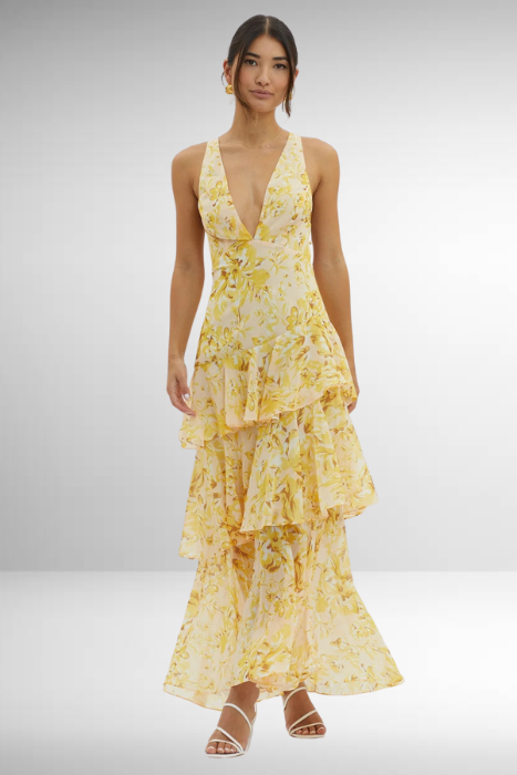 Stylish v-neck GraceGlide maxi dress for women, ideal for a comfortable summer vacation outfit or evening wear.