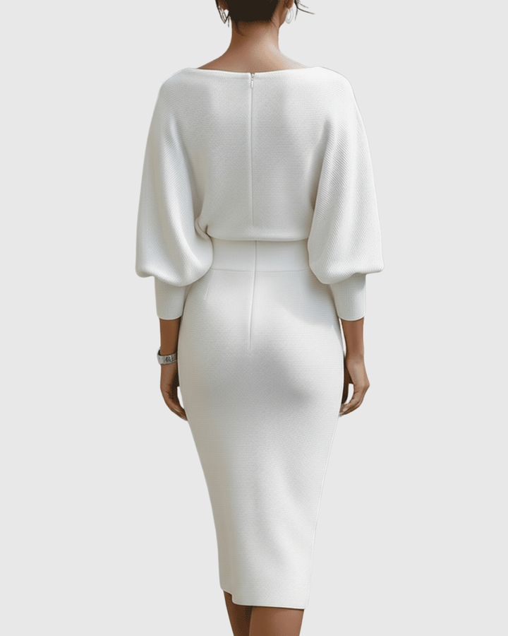 Black women's midi dress, elegant occasion wear, with stylish cowl neck and comfortable batwing sleeves.