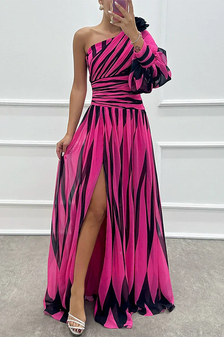 Women's elegant striped one-shoulder maxi dress for special occasions & evening wear.