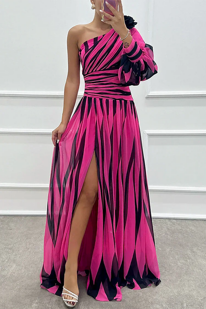 Women's elegant striped one-shoulder maxi dress for special occasions & evening wear.