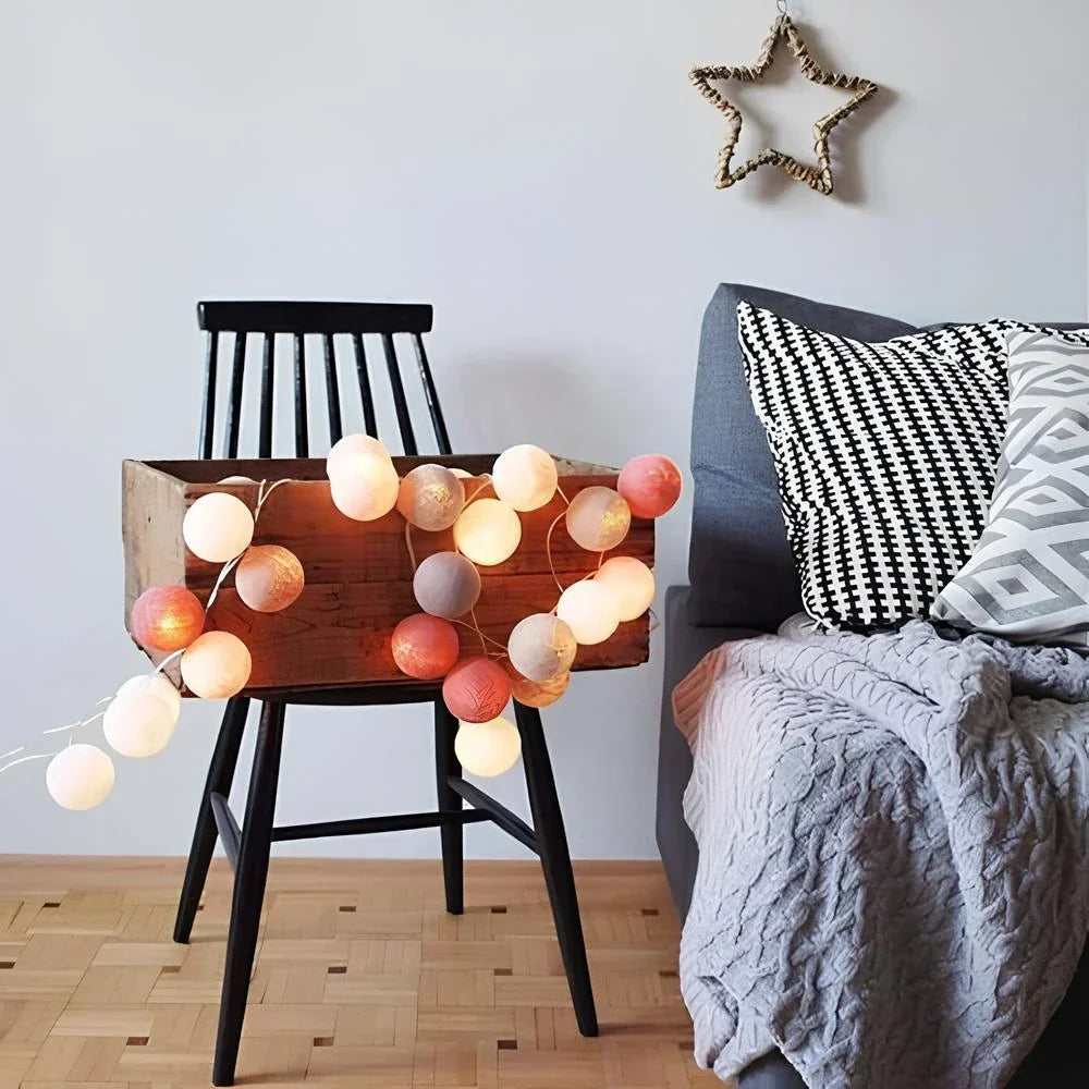 USB-powered LED cotton ball garland, versatile for any room, travel, or event decor.