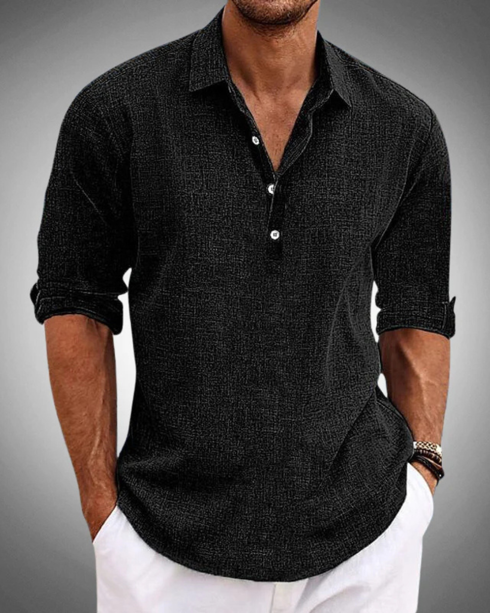 Refined men's classic button-front shirt with long sleeves, perfect for formal occasions or sophisticated business casual.