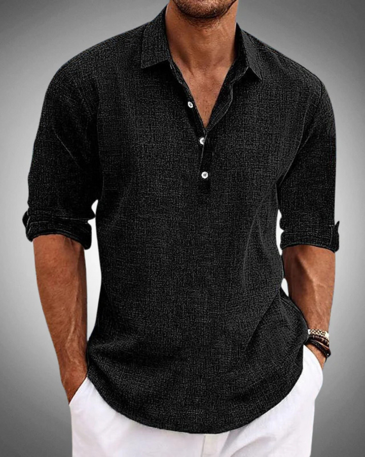 Refined men's classic button-front shirt with long sleeves, perfect for formal occasions or sophisticated business casual.