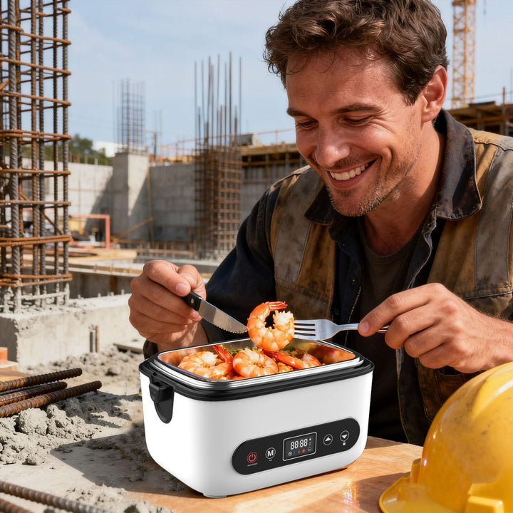 Compact electric portable meal warmer. A commuter essential for hot, fresh meals away from home.