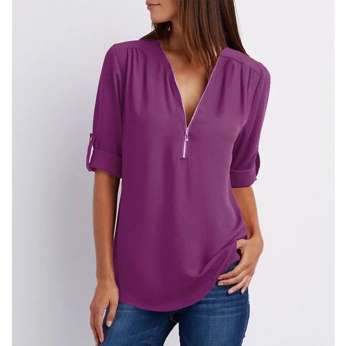 Women's Zip V-Neck 3/4 Sleeve Blouse