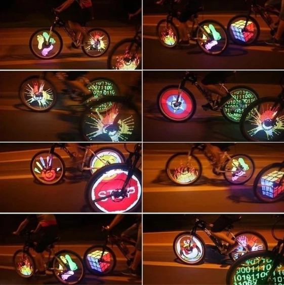 Vibrant LED bike wheel lights glowing. Spoke lights enhance night visibility & cycling safety.