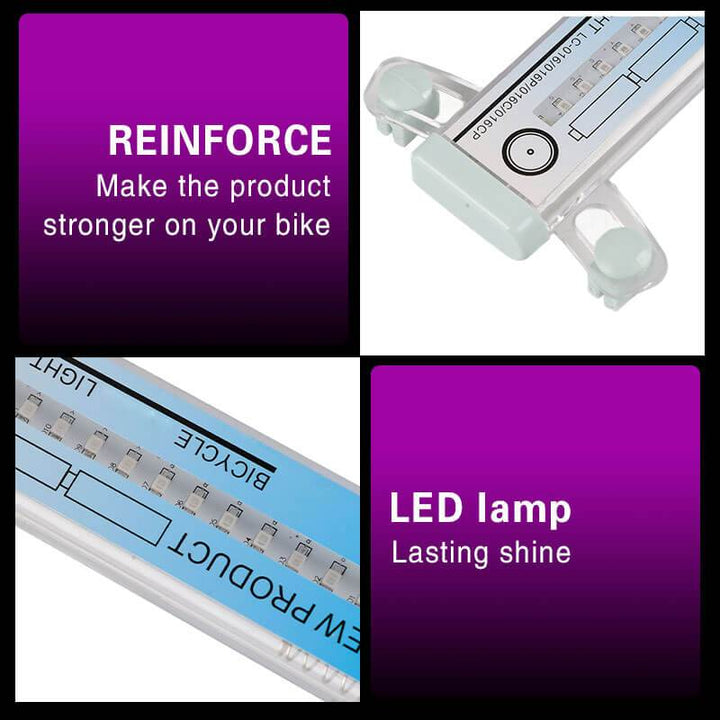 LED bicycle spoke lights illuminating a wheel. Enhances night riding visibility & bike safety.