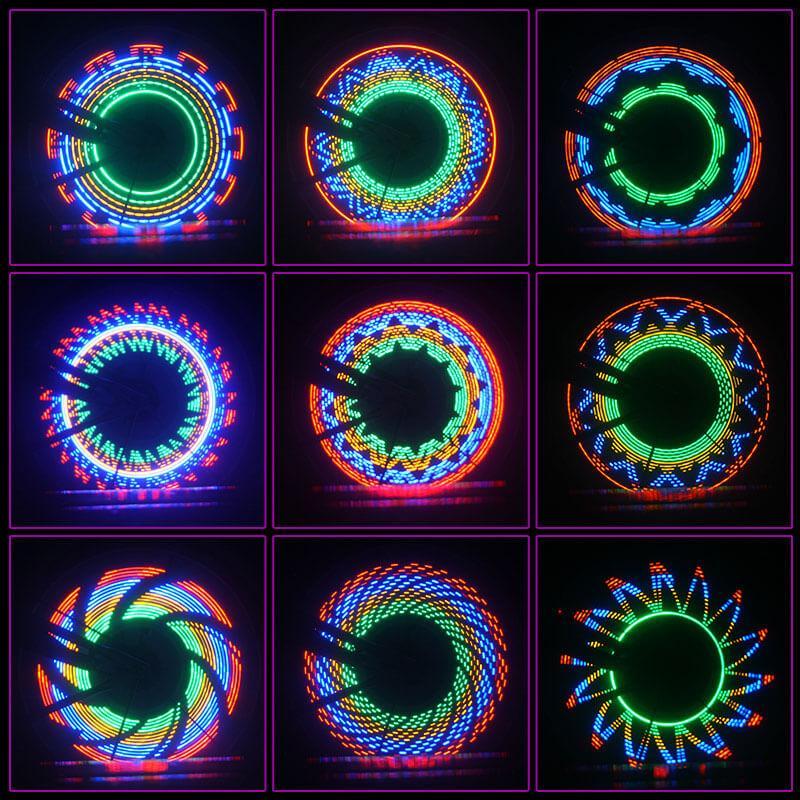 Set of bright LED spoke lights for bicycle wheels. Waterproof for night riding & enhanced cycling safety.