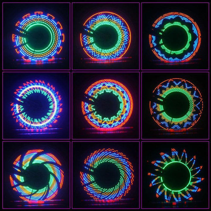 Set of bright LED spoke lights for bicycle wheels. Waterproof for night riding & enhanced cycling safety.