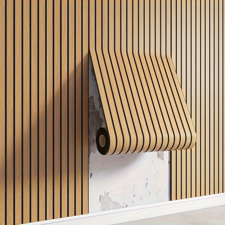 Self-adhesive 3D wood look wall panels, easy peel & stick for quick home decor transformation.