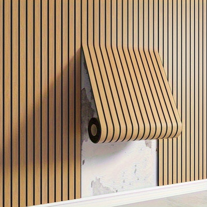 Self-adhesive 3D wood look panels, peel & stick wall decor for a quick home renovation project.