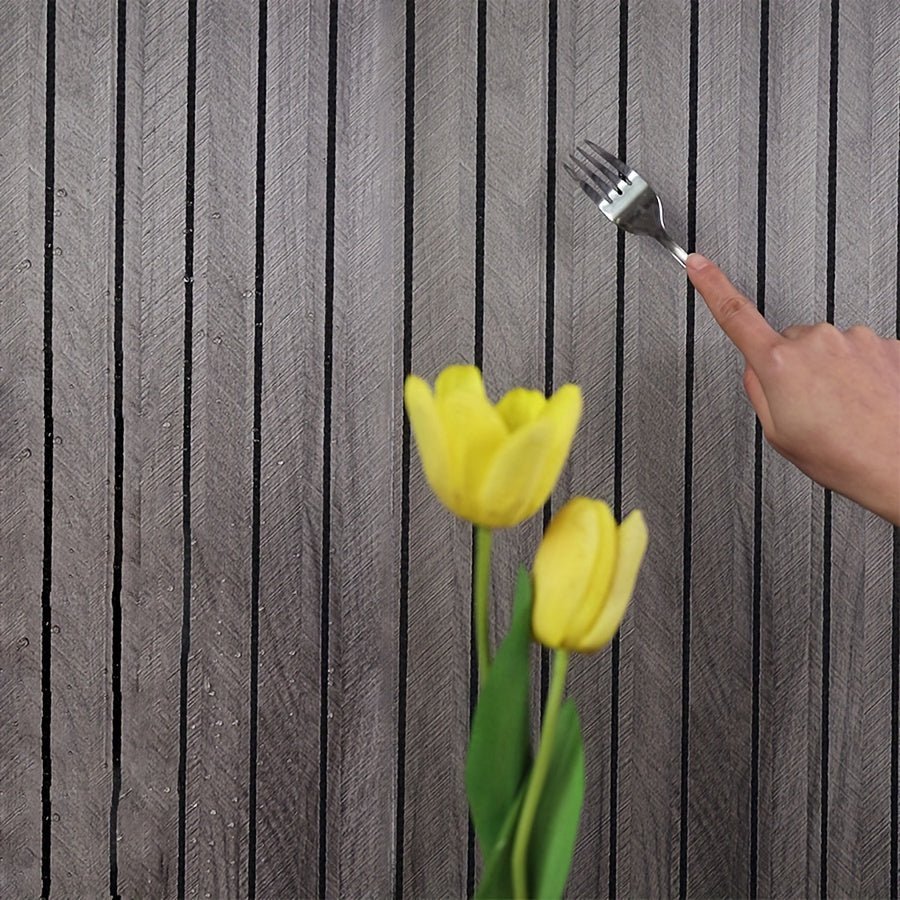 Self-adhesive 3D wood pattern wall panels, easy to apply for instant home improvement & style.