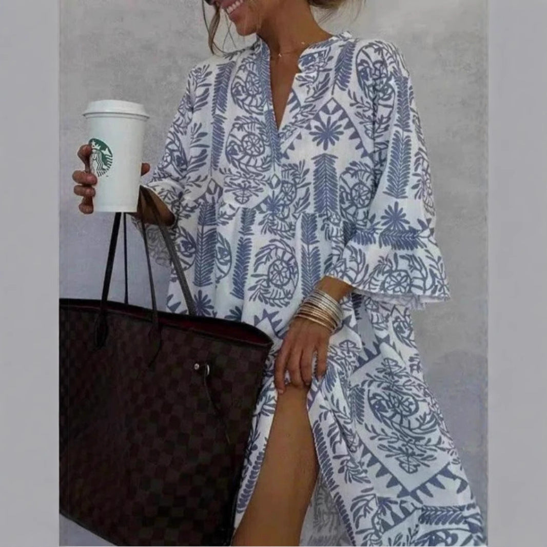 Stylish women's floral print midi tunic dress. Relaxed fit, ideal for spring fashion, summer style & vacation.