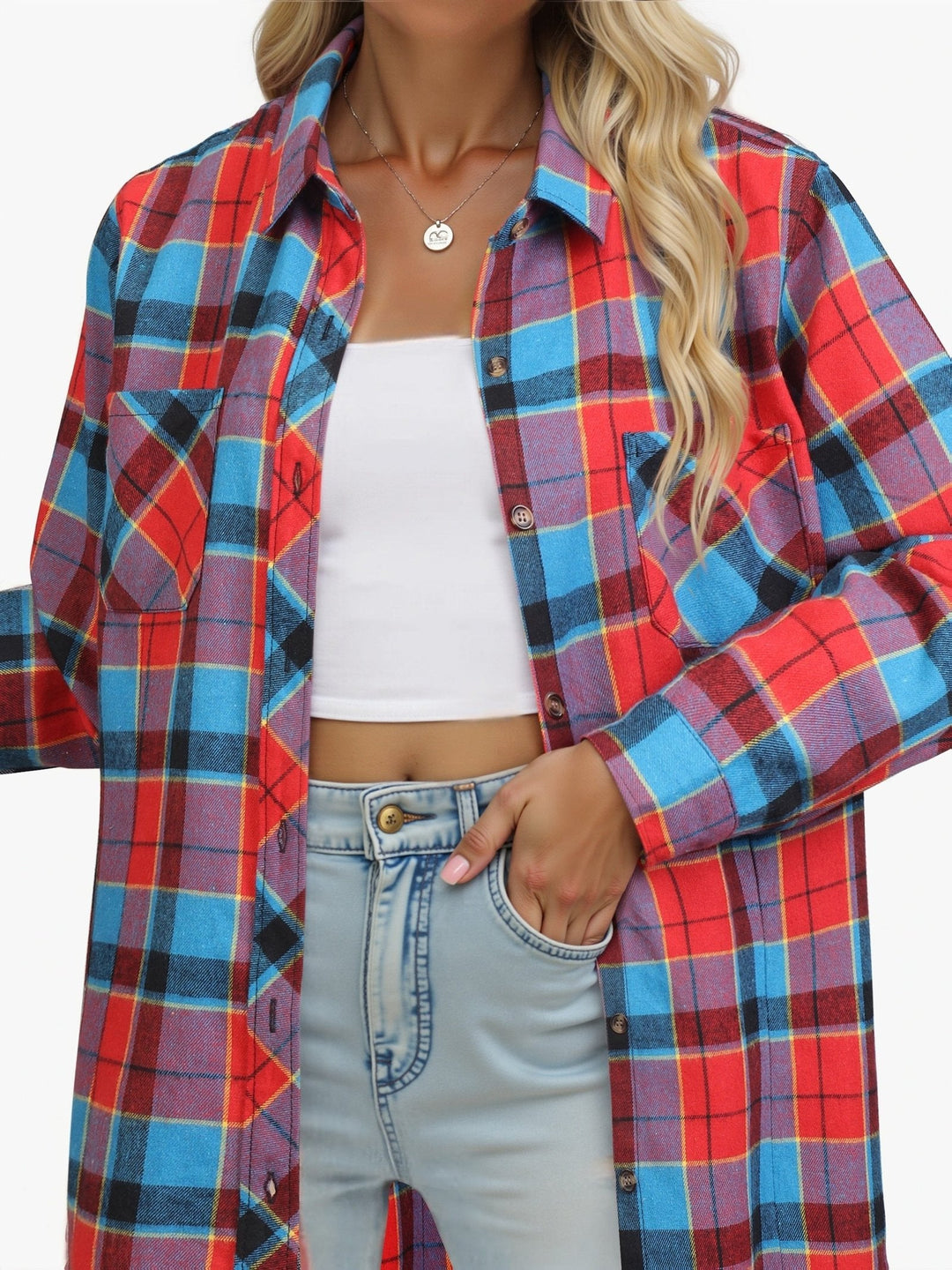Women's lumberjack style buffalo check shirt, relaxed fit, long sleeve, a fashion essential.