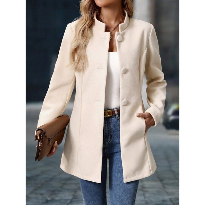 Elegant women's stand-collar trench coat, tailored for a classic fall/winter outerwear style.