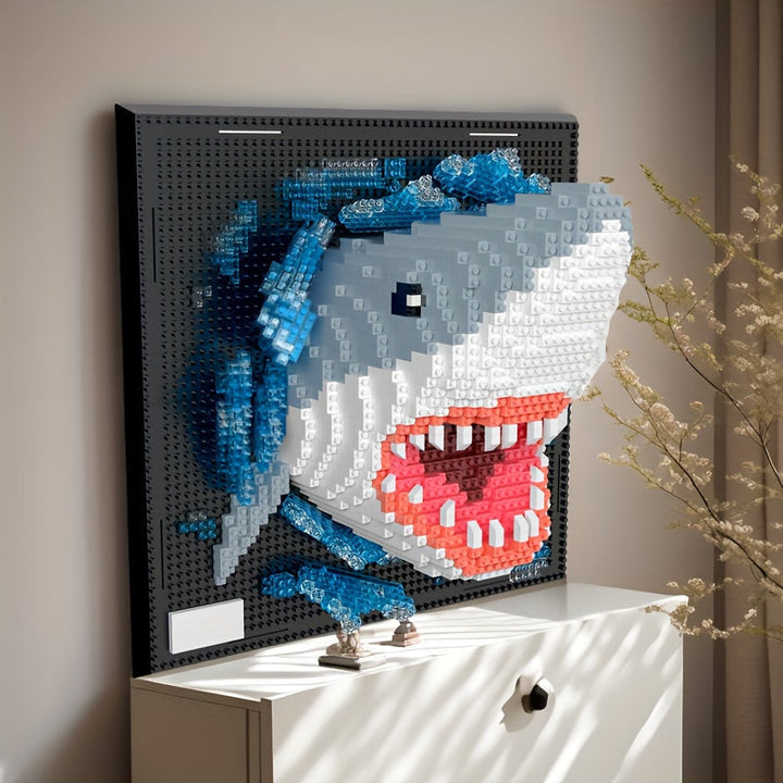 Detailed 3D shark wall art made from building blocks. Perfect creative hobby & display art for modern homes.