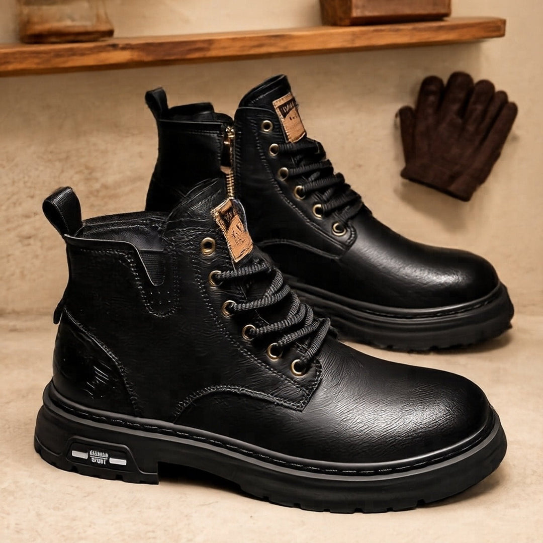 Stylish men's rugged leather boots, comfortable for daily wear, versatile for outdoor style, ankle height with grip.