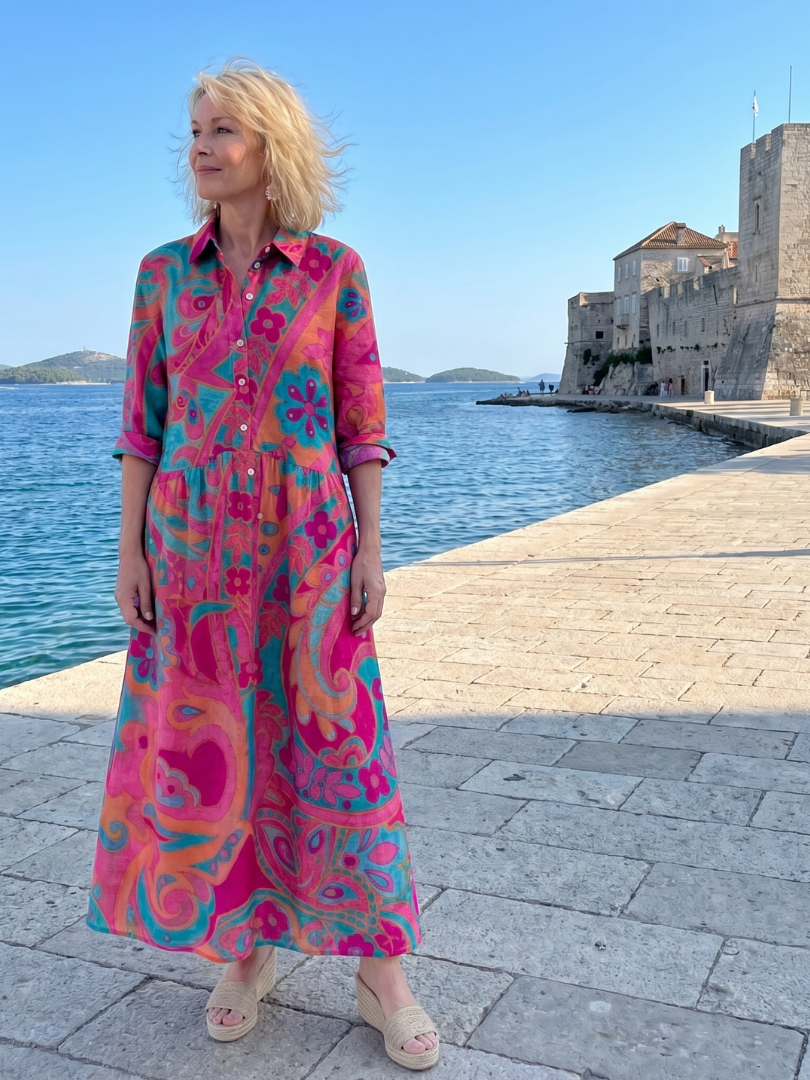 Stylish women's printed midi dress with a collared neck, button-front, and short sleeves. Perfect casual summer fashion.