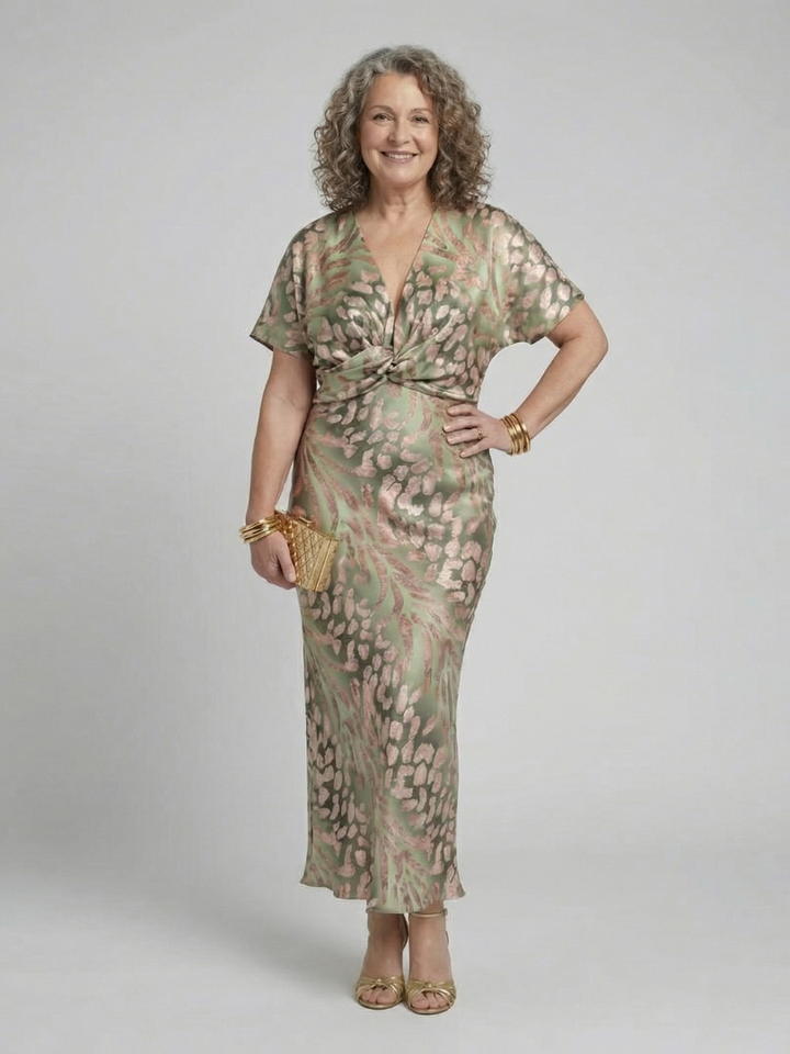 Elegant women's V-neck abstract print midi dress, comfortable with a chic twist waist, ideal for sophisticated daytime wear.