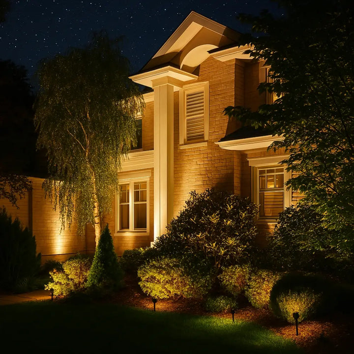 Energy-efficient solar LED garden spotlight displaying dynamic RGB light effects outdoors.