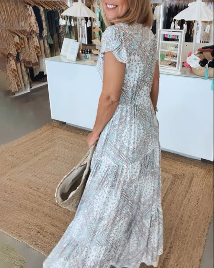 Elegant V-Neck Dress in White, Rosa, Blue