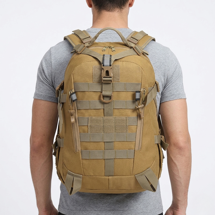 Unisex 40L tactical backpack, black, ideal for hiking, camping, and robust outdoor adventures.