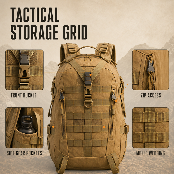 Front view of a 40L tactical adventure backpack, ideal for hiking, camping, and everyday essentials.