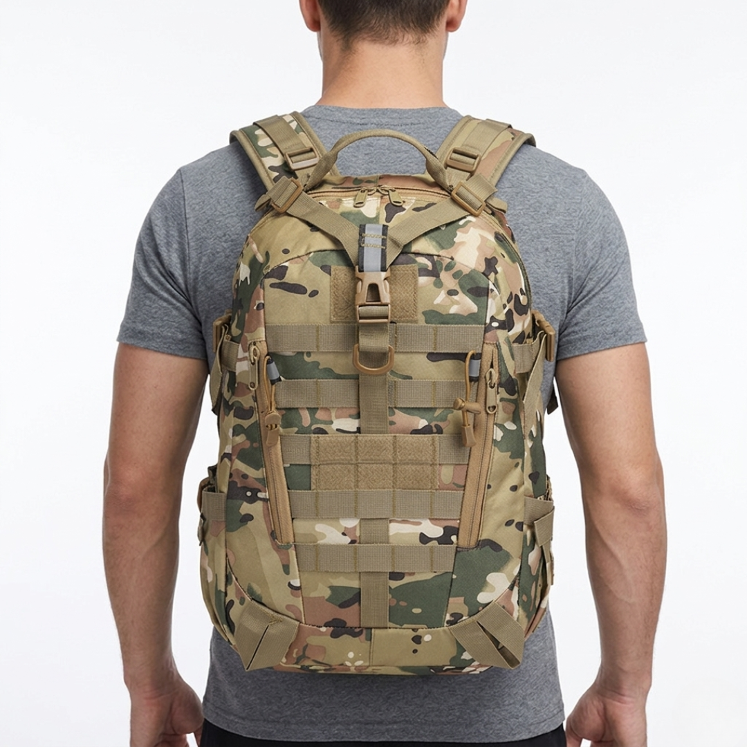 Spacious 40L hiking backpack with multiple pockets, designed for camping and rugged adventure.