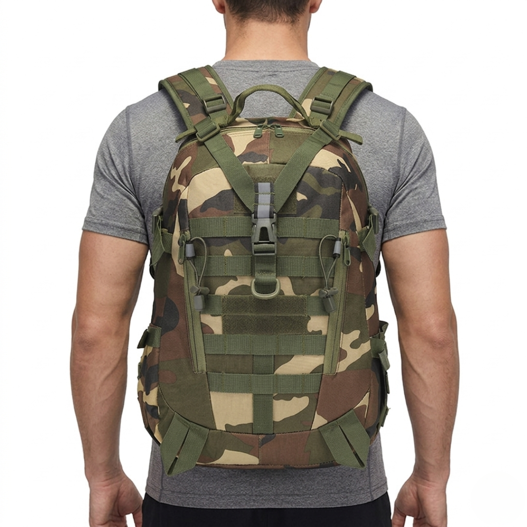 Front view of a versatile 40L tactical travel backpack, offering durable daily carry for any adventure.