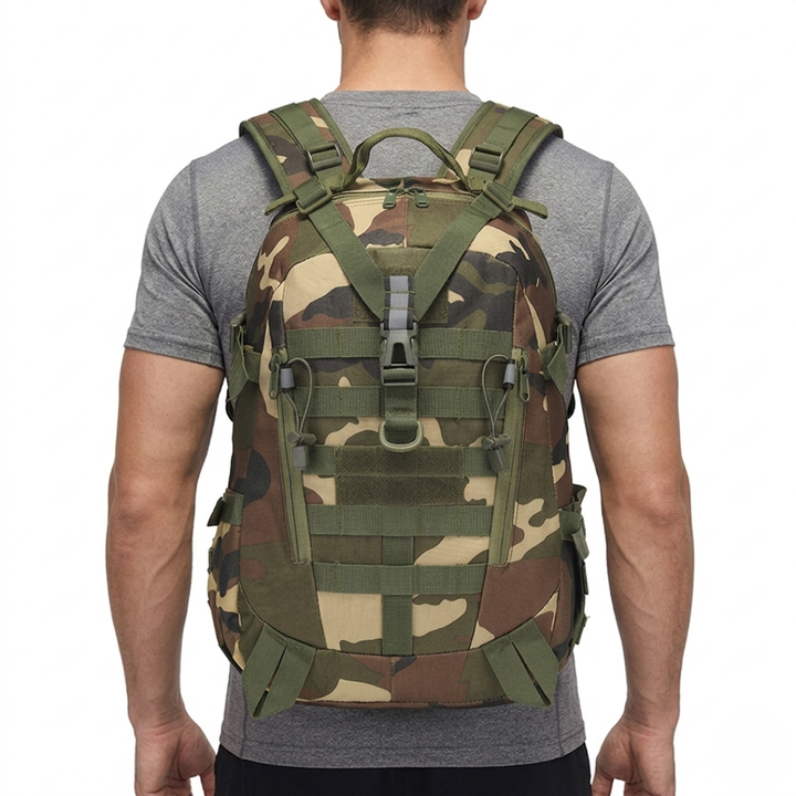 Front view of a versatile 40L tactical travel backpack, offering durable daily carry for any adventure.