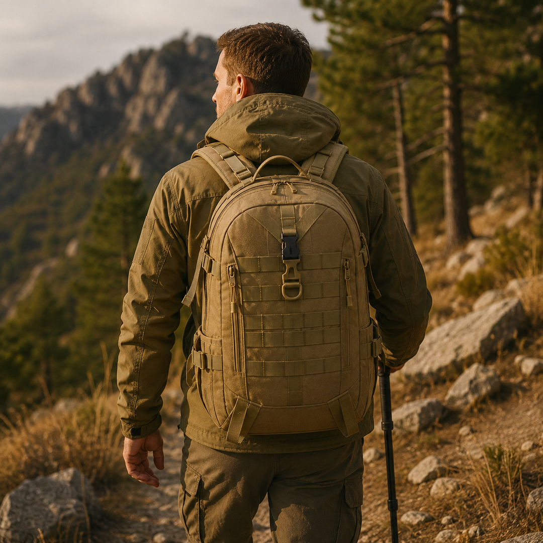 Side view of a black 40L tactical backpack, showing ample storage for travel, camping, and daily gear.
