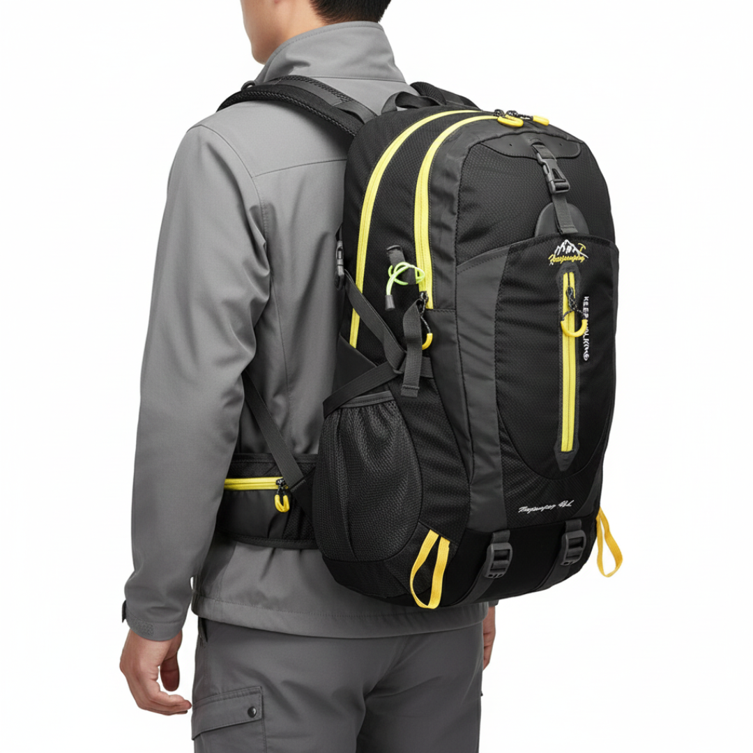 Unisex 40-liter water resistant backpack, perfect for outdoor travel, hiking adventures & durable gear transport.
