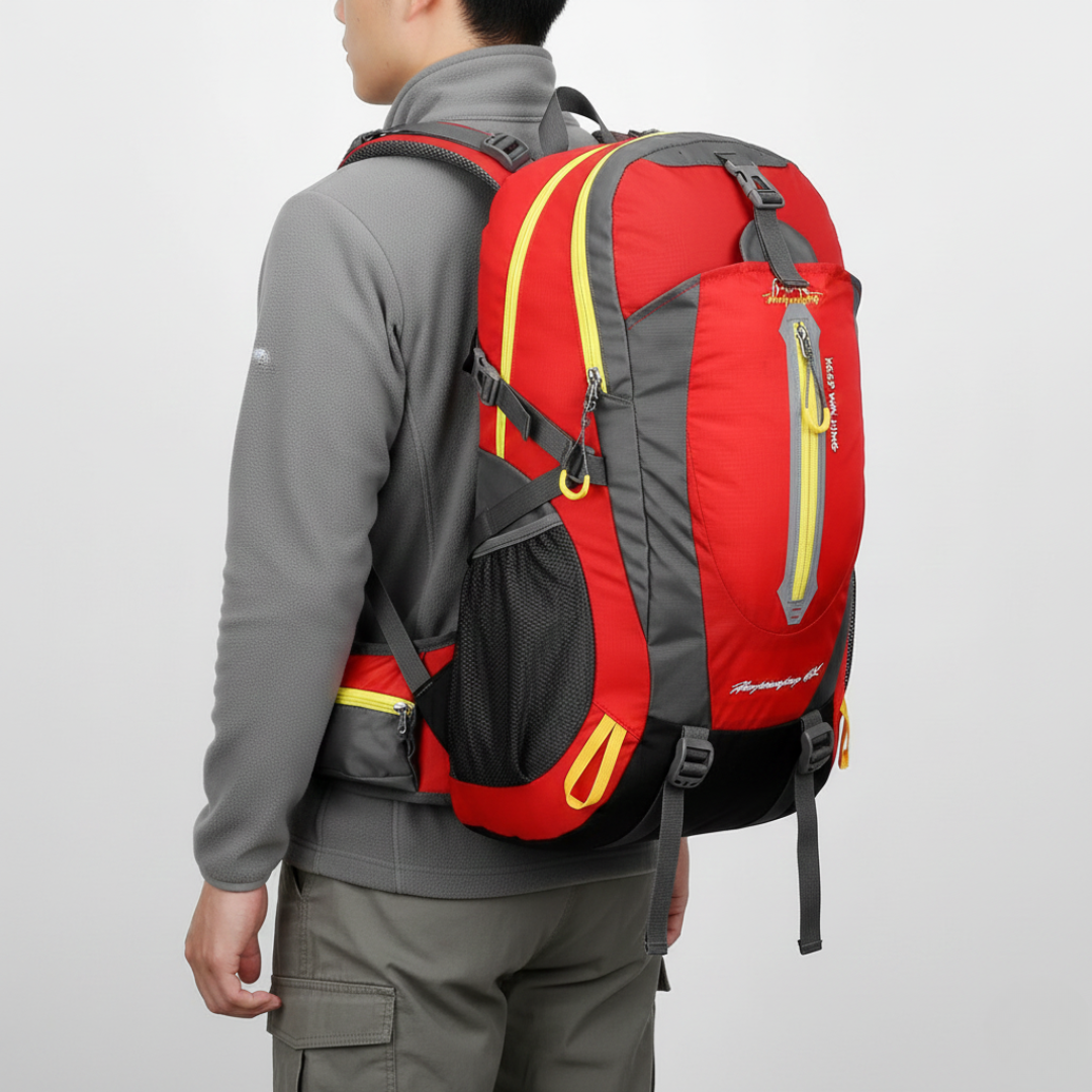 Front view of a rugged 40L water resistant adventure backpack, ideal for travel, hiking & outdoor exploration.