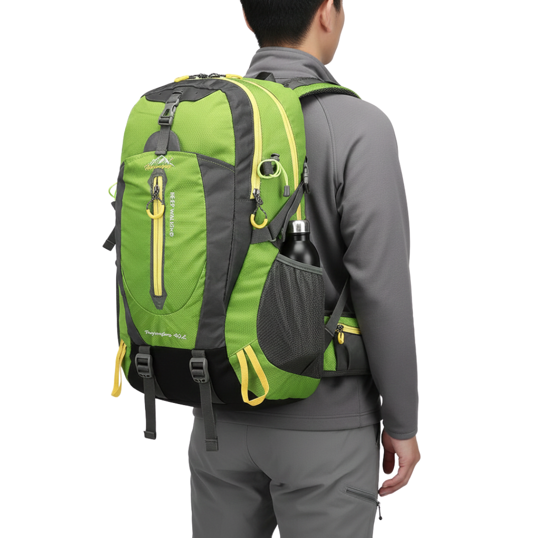 Open 40-liter water resistant backpack revealing organized compartments for unisex travel & outdoor adventure gear.