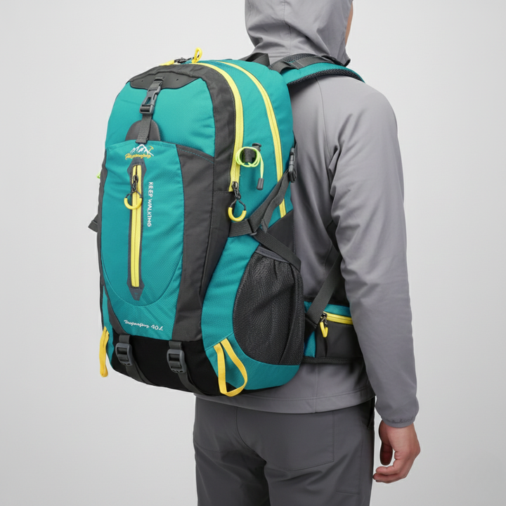 Close-up of the water resistant fabric on a 40L adventure backpack, ensuring durability for all outdoor travel gear.