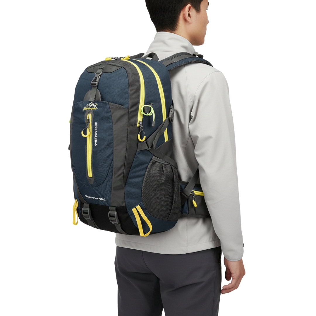 40-liter water resistant backpack with hiking poles attached, ready for an outdoor adventure; unisex durable travel gear.