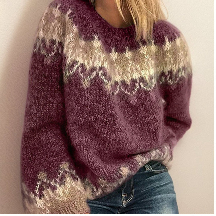 Women's cozy Nordic jacquard knit sweater featuring a traditional Icelandic pattern, perfect for winter comfort & style.