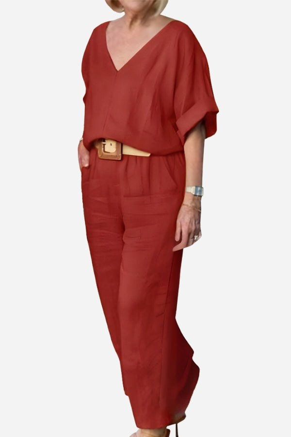 Women's V-Neck Top & Straight Pants Set