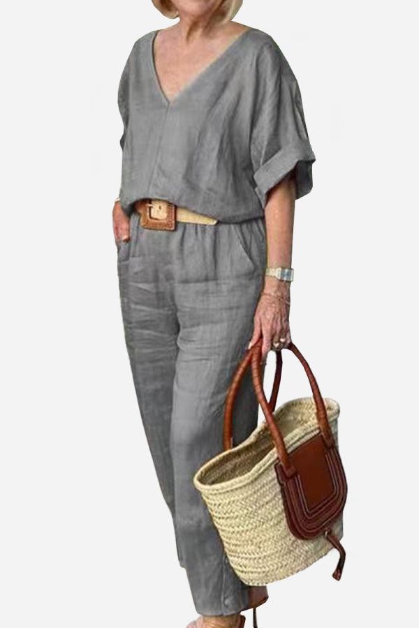 Women's V-Neck Top & Straight Pants Set