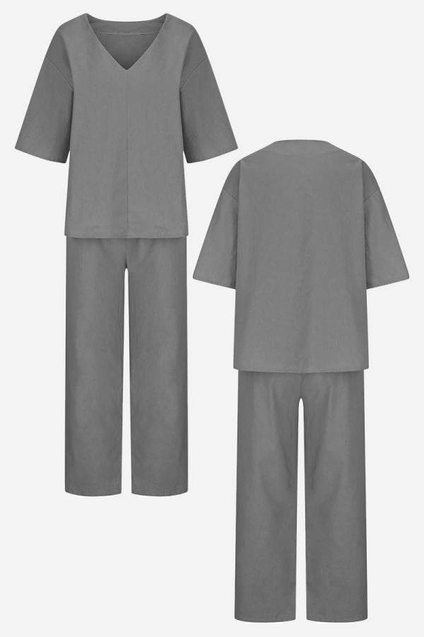 Women's V-Neck Top & Straight Pants Set